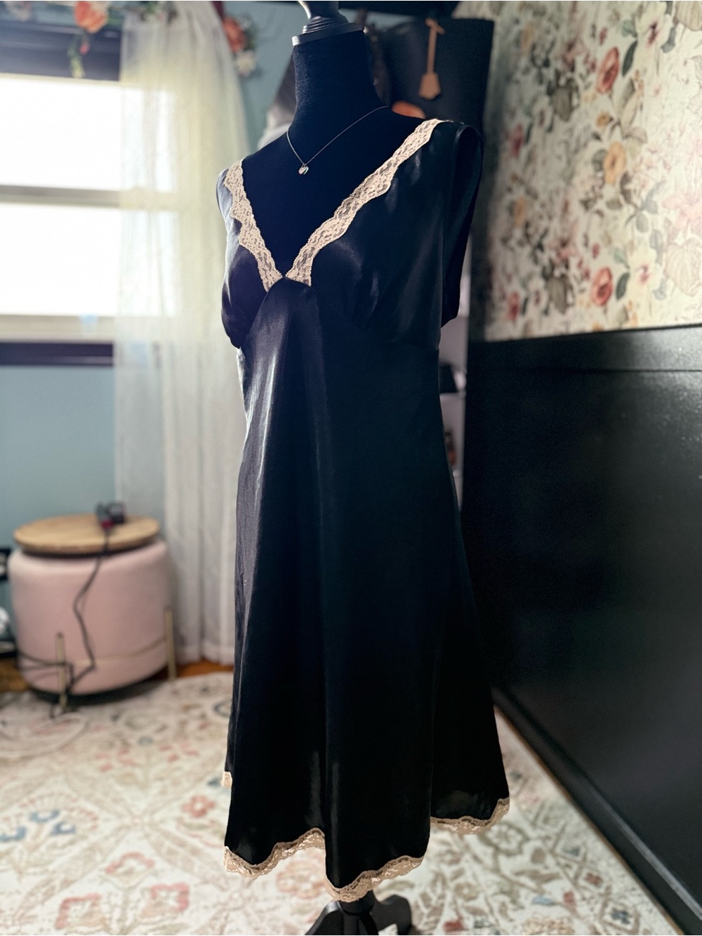 Victoria's Secret Black Satin Slip with Cream Lace Trim